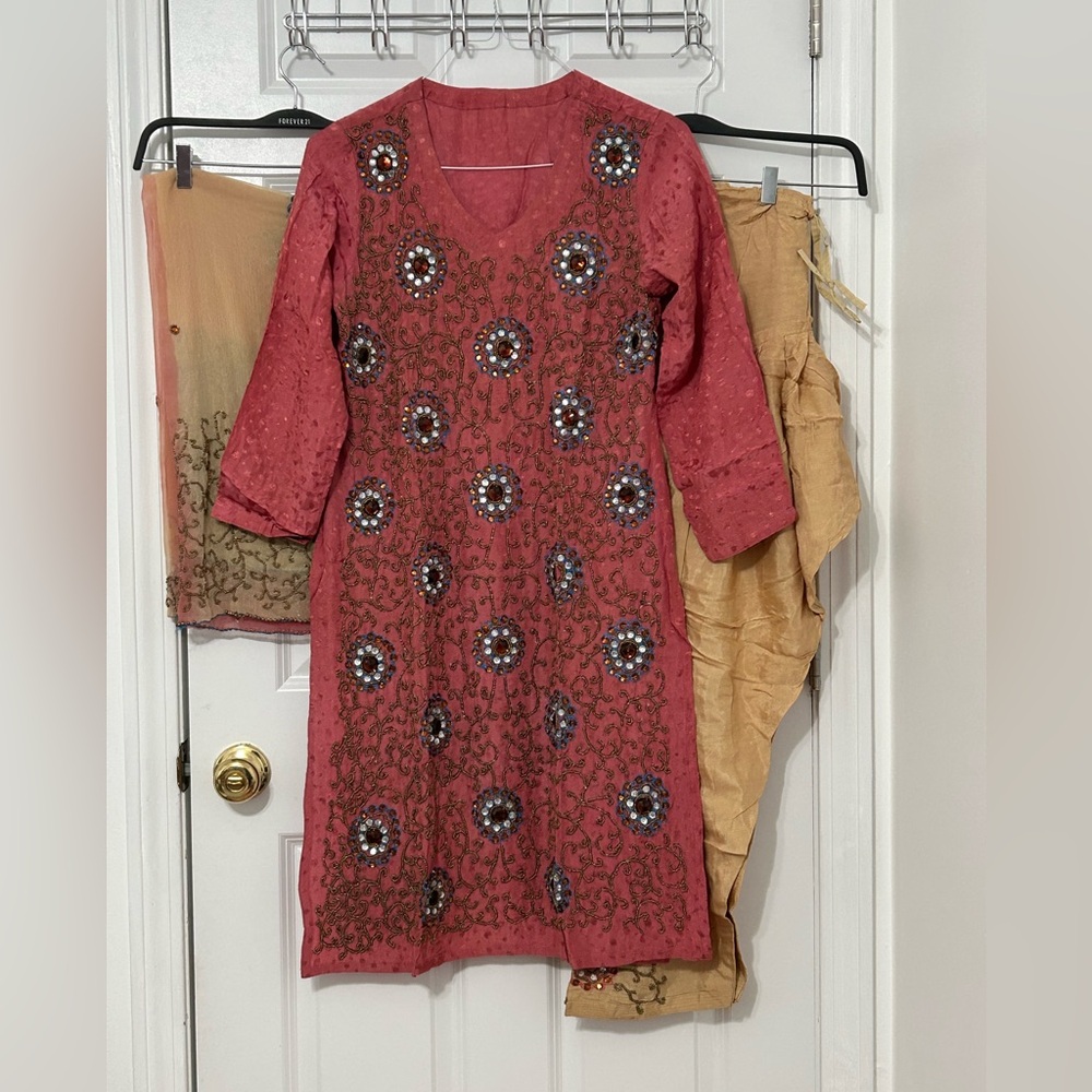 Heavy embellished formal 3 piece stitched Pakistani suit in beige and pink